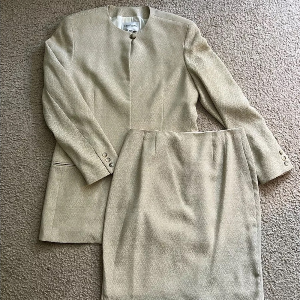 Vintage Emanuel Ungaro Women’s Taupe Brocade Suit Set Jacket Skirt Ivory Cream